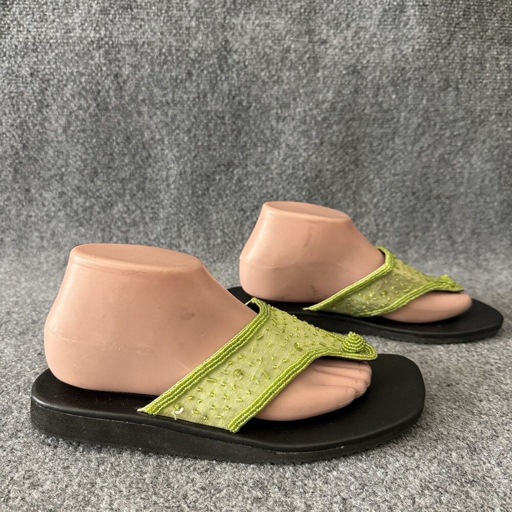 USINDO Beaded Thong Sandals Black & Lime Green Beach Flip Flops Comfort Size 8